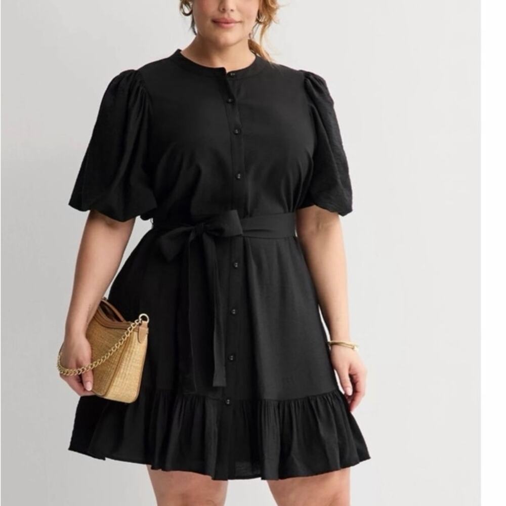 NWT Nine West Black Puff Sleeve Tie Waist Button Dress XXL 49.99